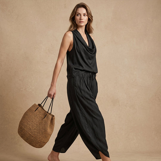 🎁New Arrivals 50% OFF💥 Sleeveless Cowl Neck Jumpsuit – Halter, Wide-Leg, Elegant 🍷
