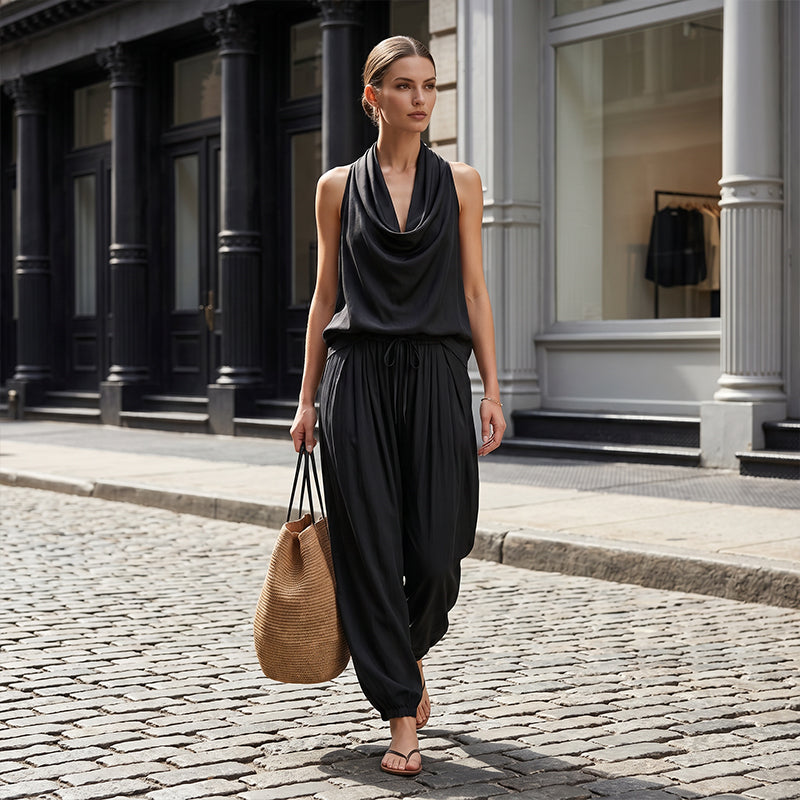🎁New Arrivals 50% OFF💥 Sleeveless Cowl Neck Jumpsuit – Halter, Wide-Leg, Elegant 🍷