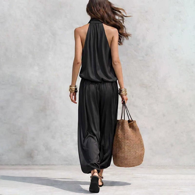 🎁New Arrivals 50% OFF💥 Sleeveless Cowl Neck Jumpsuit – Halter, Wide-Leg, Elegant 🍷
