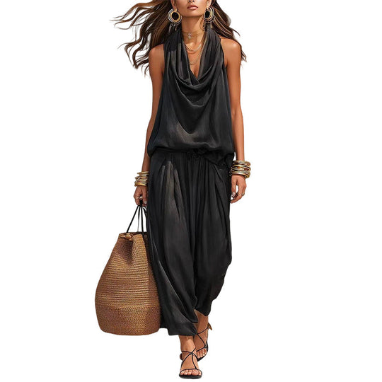 🎁New Arrivals 50% OFF💥 Sleeveless Cowl Neck Jumpsuit – Halter, Wide-Leg, Elegant 🍷