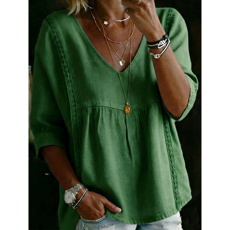 🌼 Women’s Casual V-Neck Lace Trim Top – Romantic Lace, Flowy Fit & 3/4 Sleeve Elegance 💕
