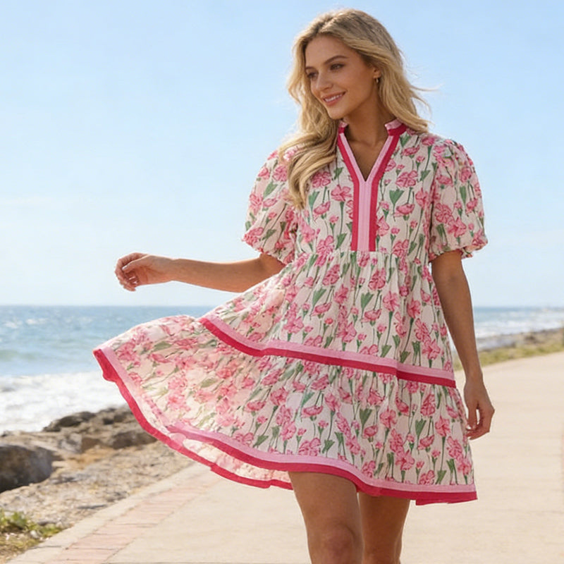 ⏰Summer Hot Sale 50% OFF💃Women's V Neck Floral Short Puff Sleeve Patchwork Casual Boho Mini Dress👍✨Soft Fabric & Comfortable Fit