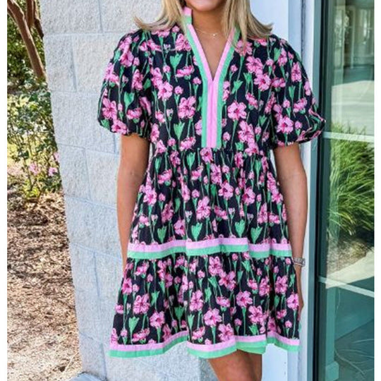 ⏰Summer Hot Sale 50% OFF💃Women's V Neck Floral Short Puff Sleeve Patchwork Casual Boho Mini Dress👍✨Soft Fabric & Comfortable Fit