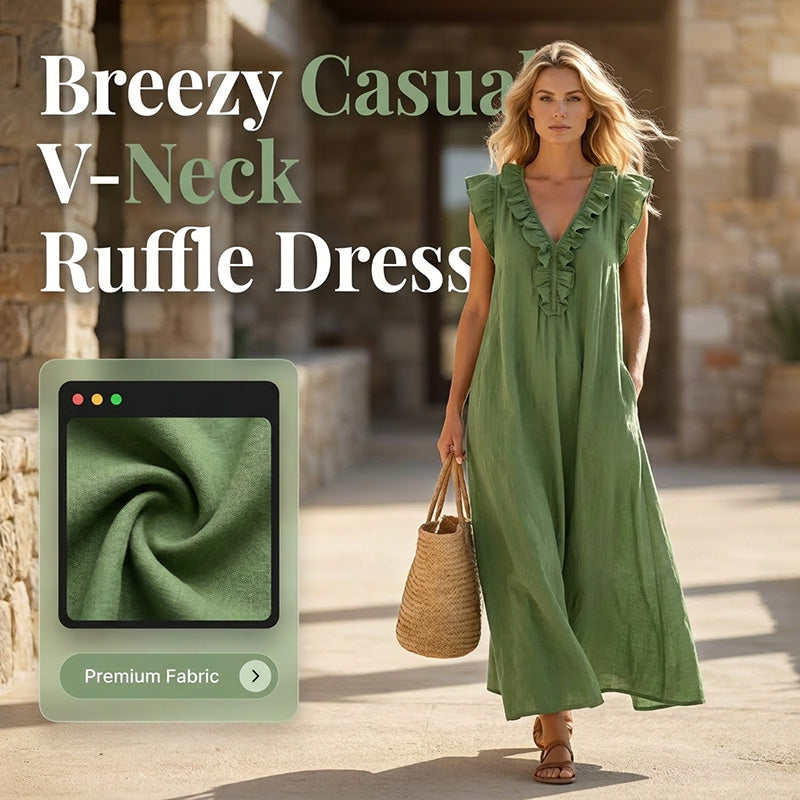 👗 LIMITED-TIME 50% OFF! ✨ Women's V-Neck Ruffle Dress – Sleeveless, Pockets, Flowy Summer Style 🌼