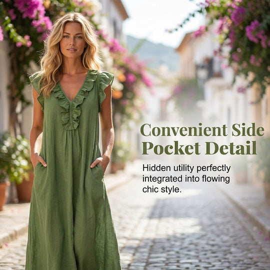 👗 LIMITED-TIME 50% OFF! ✨ Women's V-Neck Ruffle Dress – Sleeveless, Pockets, Flowy Summer Style 🌼