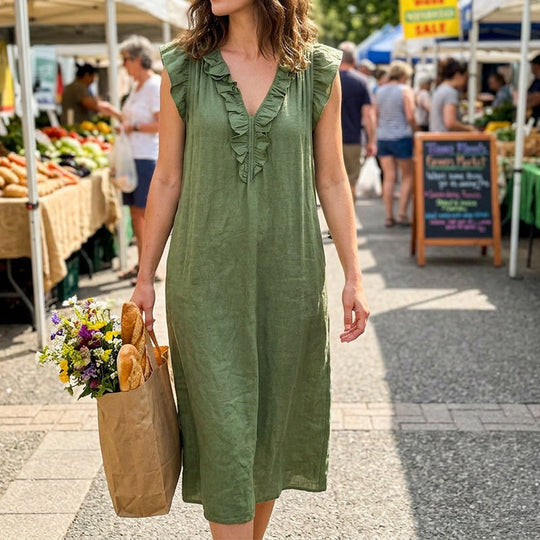 👗 LIMITED-TIME 50% OFF! ✨ Women's V-Neck Ruffle Dress – Sleeveless, Pockets, Flowy Summer Style 🌼