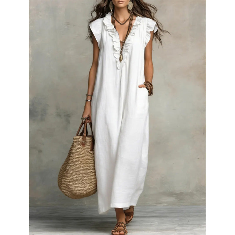 👗 LIMITED-TIME 50% OFF! ✨ Women's V-Neck Ruffle Dress – Sleeveless, Pockets, Flowy Summer Style 🌼