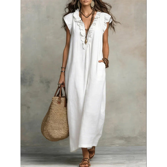 👗 LIMITED-TIME 50% OFF! ✨ Women's V-Neck Ruffle Dress – Sleeveless, Pockets, Flowy Summer Style 🌼