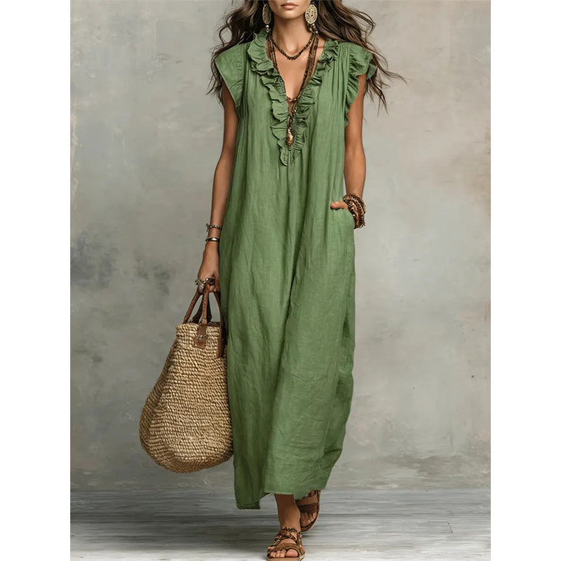 👗 LIMITED-TIME 50% OFF! ✨ Women's V-Neck Ruffle Dress – Sleeveless, Pockets, Flowy Summer Style 🌼