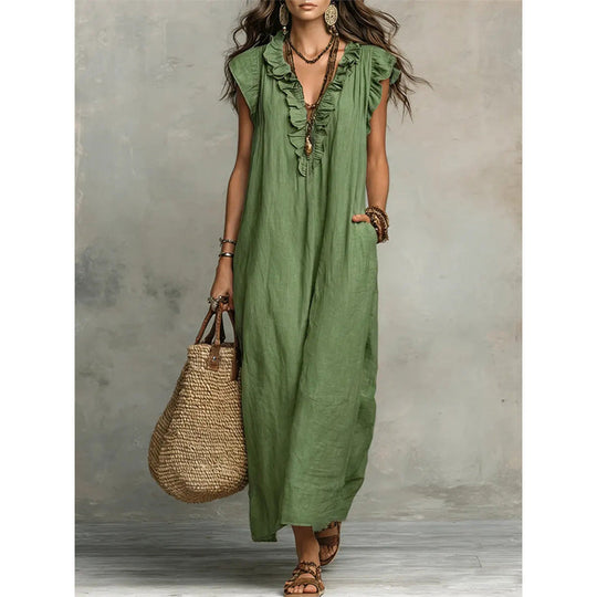 👗 LIMITED-TIME 50% OFF! ✨ Women's V-Neck Ruffle Dress – Sleeveless, Pockets, Flowy Summer Style 🌼