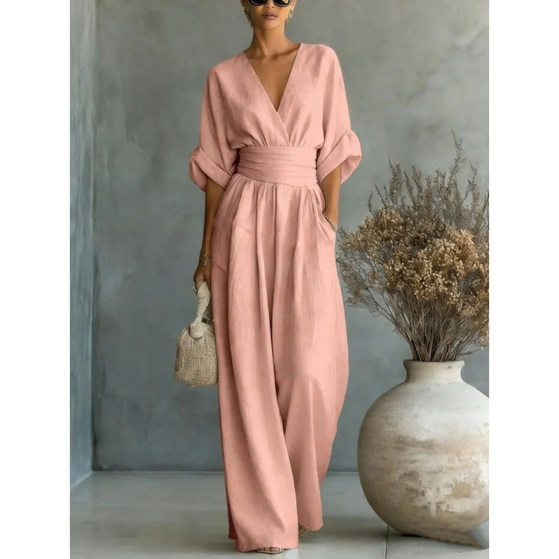 ⌛50% Off💟Women's V-Neck High Waist Wide Leg Jumpsuit