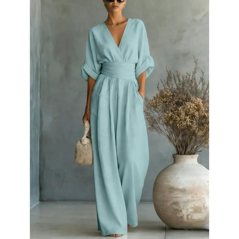 ⌛50% Off💟Women's V-Neck High Waist Wide Leg Jumpsuit