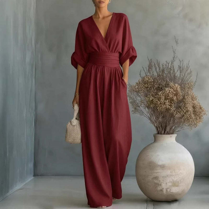 👗Women's V-Neck High Waist Wide Leg Jumpsuit – Flowy & lightweight – Flattering fit, perfect for summer events or resort wear – effortless elegance 🌸