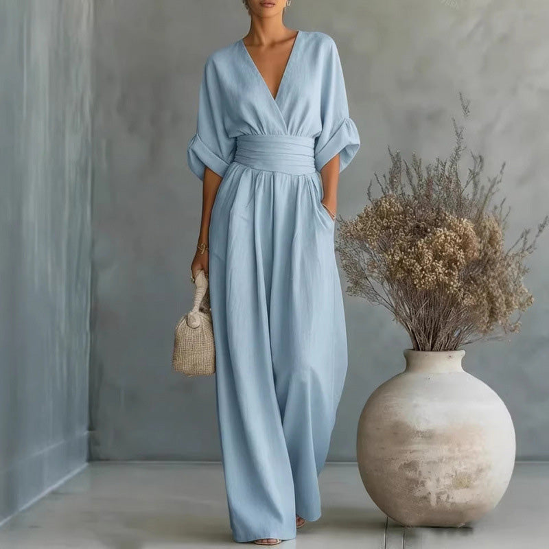 👗Women's V-Neck High Waist Wide Leg Jumpsuit – Flowy & lightweight – Flattering fit, perfect for summer events or resort wear – effortless elegance 🌸