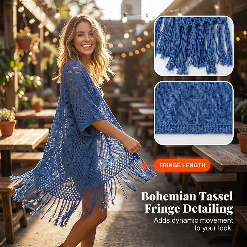 Women’s Oversized Knit Cardigan – Lightweight Crochet Tassel Kimono for Spring & Summer 🌸