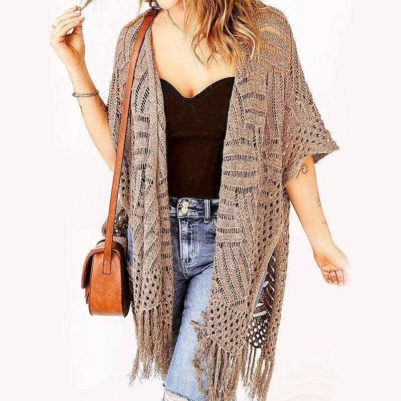 Women’s Oversized Knit Cardigan – Lightweight Crochet Tassel Kimono for Spring & Summer 🌸
