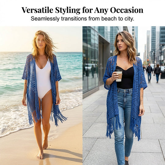 Women’s Oversized Knit Cardigan – Lightweight Crochet Tassel Kimono for Spring & Summer 🌸