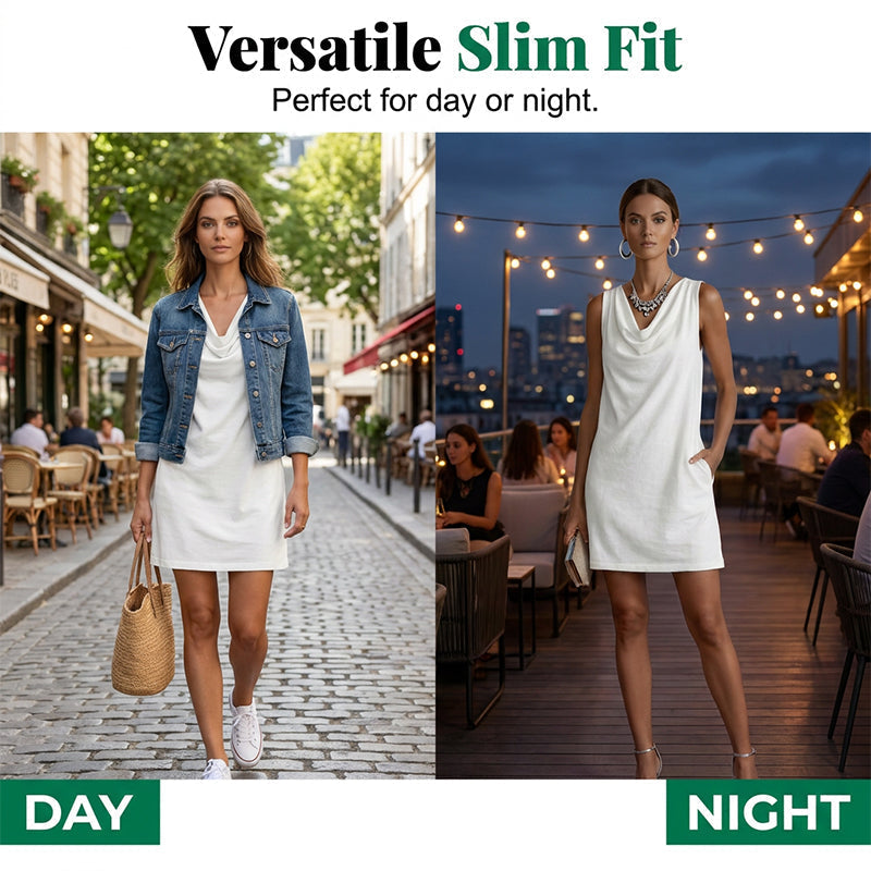 📢📢50% OFF !! ⏰ Elegant Slim Fit Cowl Neck Dress – Sleeveless, Side Pockets, Versatile ✨