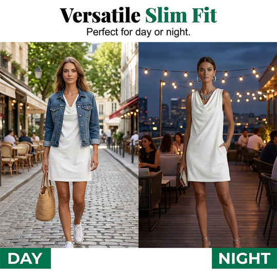 📢📢50% OFF !! ⏰ Elegant Slim Fit Cowl Neck Dress – Sleeveless, Side Pockets, Versatile ✨