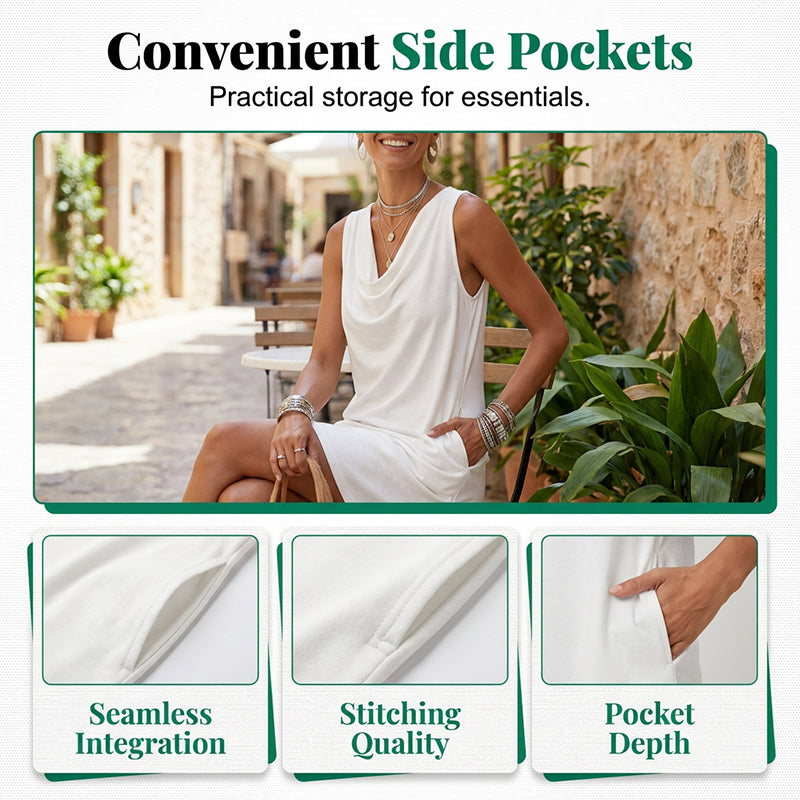 📢📢50% OFF !! ⏰ Elegant Slim Fit Cowl Neck Dress – Sleeveless, Side Pockets, Versatile ✨