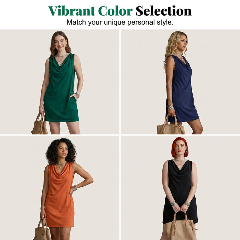📢📢50% OFF !! ⏰ Elegant Slim Fit Cowl Neck Dress – Sleeveless, Side Pockets, Versatile ✨