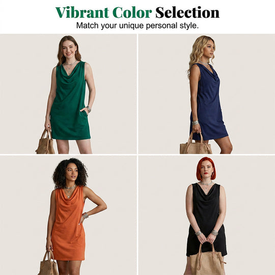 📢📢50% OFF !! ⏰ Elegant Slim Fit Cowl Neck Dress – Sleeveless, Side Pockets, Versatile ✨