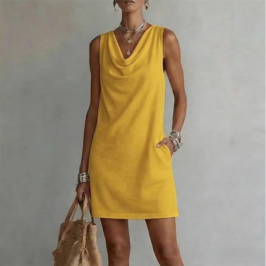 📢📢50% OFF !! ⏰ Elegant Slim Fit Cowl Neck Dress – Sleeveless, Side Pockets, Versatile ✨