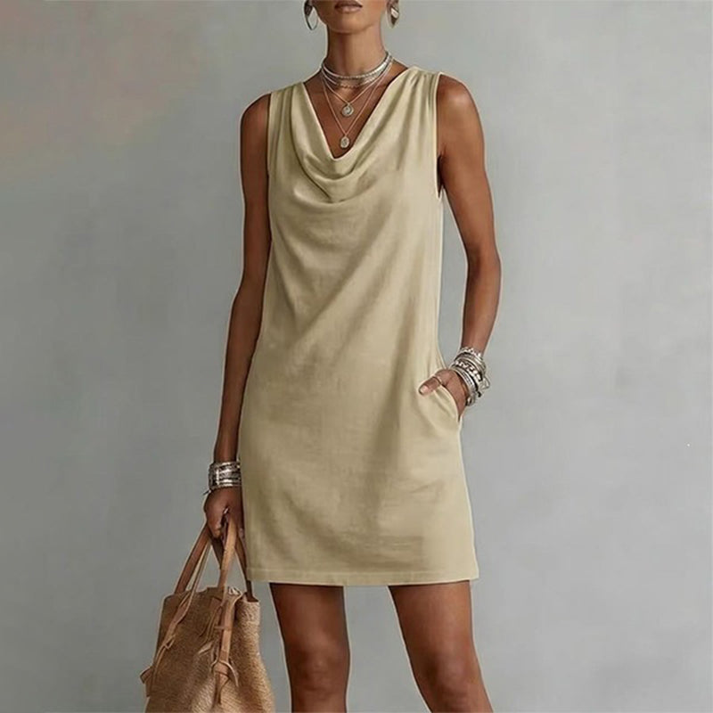 📢📢50% OFF !! ⏰ Elegant Slim Fit Cowl Neck Dress – Sleeveless, Side Pockets, Versatile ✨