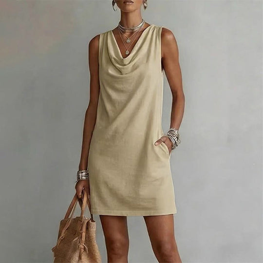📢📢50% OFF !! ⏰ Elegant Slim Fit Cowl Neck Dress – Sleeveless, Side Pockets, Versatile ✨