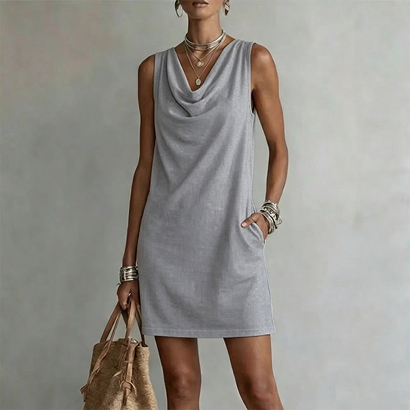 📢📢50% OFF !! ⏰ Elegant Slim Fit Cowl Neck Dress – Sleeveless, Side Pockets, Versatile ✨
