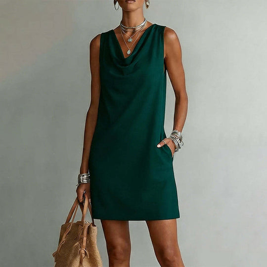 📢📢50% OFF !! ⏰ Elegant Slim Fit Cowl Neck Dress – Sleeveless, Side Pockets, Versatile ✨