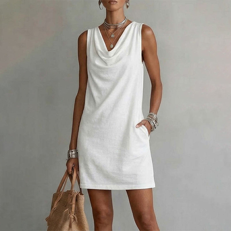📢📢50% OFF !! ⏰ Elegant Slim Fit Cowl Neck Dress – Sleeveless, Side Pockets, Versatile ✨