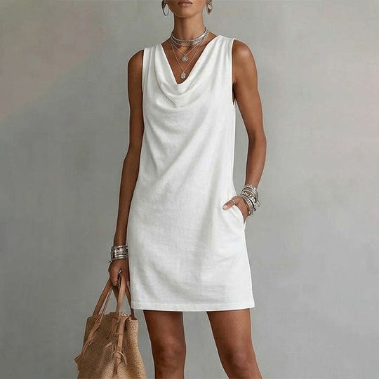 📢📢50% OFF !! ⏰ Elegant Slim Fit Cowl Neck Dress – Sleeveless, Side Pockets, Versatile ✨