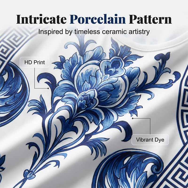 👗Women's Classic Floral Print Maxi Dress – Bodycon, Side Slit, Porcelain Pattern 💙