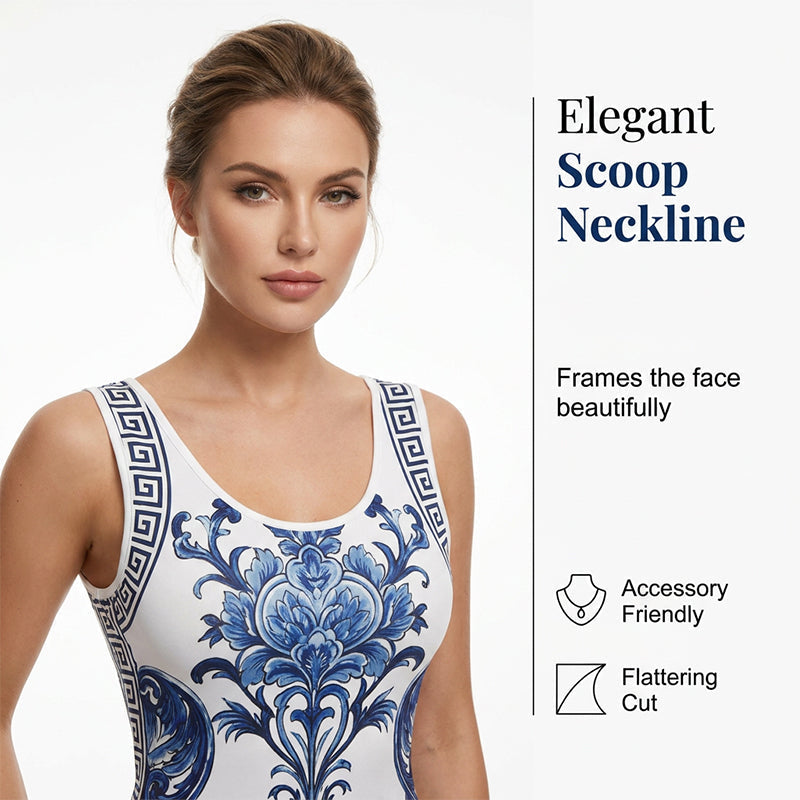 👗Women's Classic Floral Print Maxi Dress – Bodycon, Side Slit, Porcelain Pattern 💙