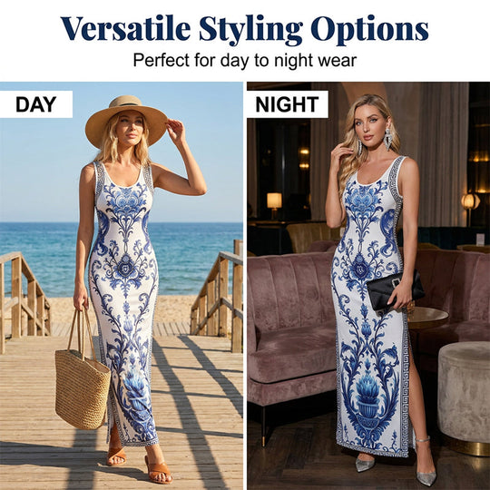 👗Women's Classic Floral Print Maxi Dress – Bodycon, Side Slit, Porcelain Pattern 💙