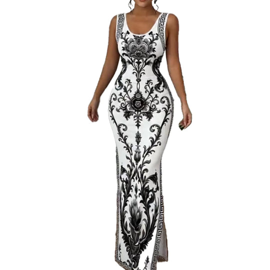 👗Women's Classic Floral Print Maxi Dress – Bodycon, Side Slit, Porcelain Pattern 💙