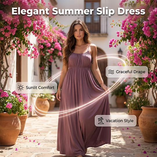 👗🌿 Versatile Maxi Slip Dress with Gathered Neckline – Flattering Fit for Every Body Type