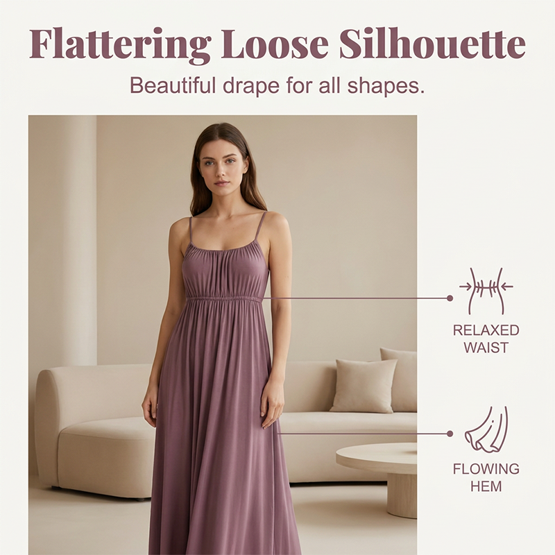 👗🌿 Versatile Maxi Slip Dress with Gathered Neckline – Flattering Fit for Every Body Type