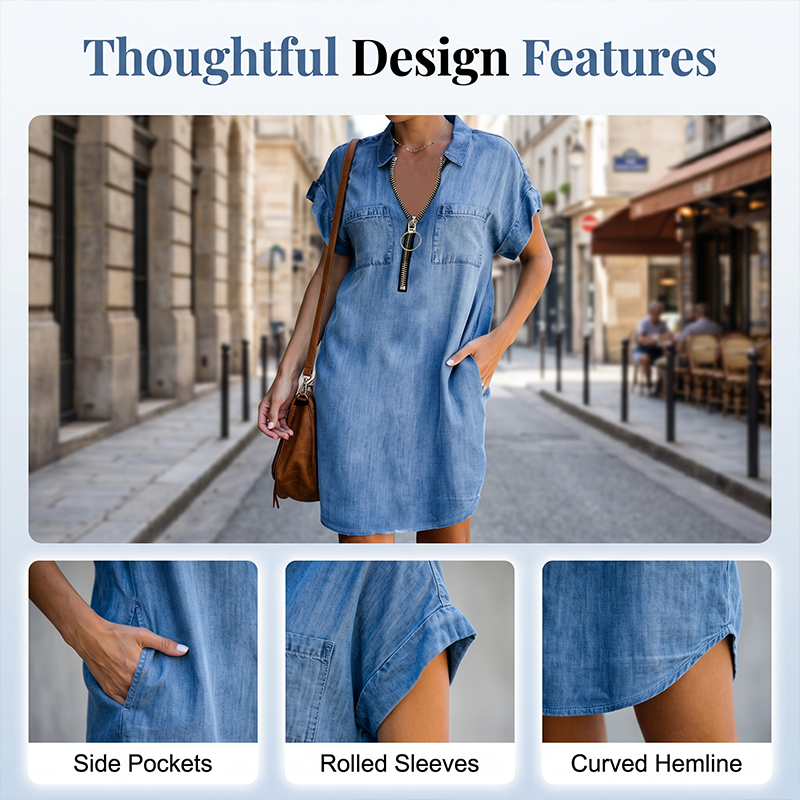 Women Casual Denim Shirt Dress Loose Lapel Short Sleeve Zipper Dress with Pockets