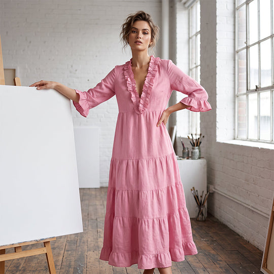 ⏰ Women Ruffle V-Neck Tiered Maxi Dress – Breezy Comfort & Feminine Charm 🌸