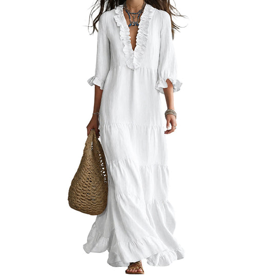 ⏰ Women Ruffle V-Neck Tiered Maxi Dress – Breezy Comfort & Feminine Charm 🌸