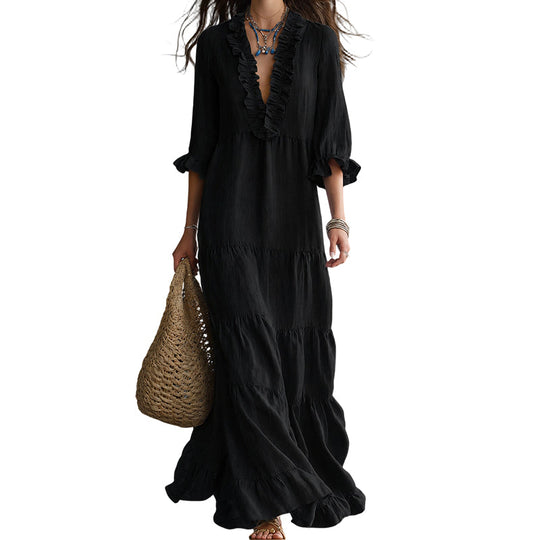 ⏰ Women Ruffle V-Neck Tiered Maxi Dress – Breezy Comfort & Feminine Charm 🌸