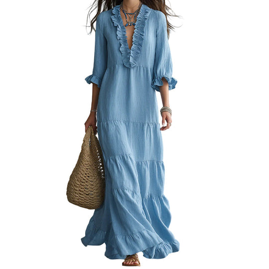 ⏰ Women Ruffle V-Neck Tiered Maxi Dress – Breezy Comfort & Feminine Charm 🌸