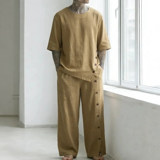 Men's Casual Linen Shirt & Pants 2-Piece Set
