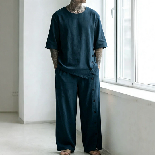 Men's Casual Linen Shirt & Pants 2-Piece Set