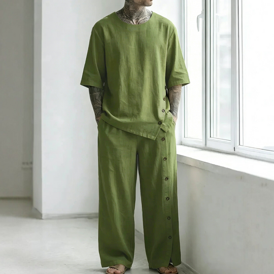Men's Casual Linen Shirt & Pants 2-Piece Set