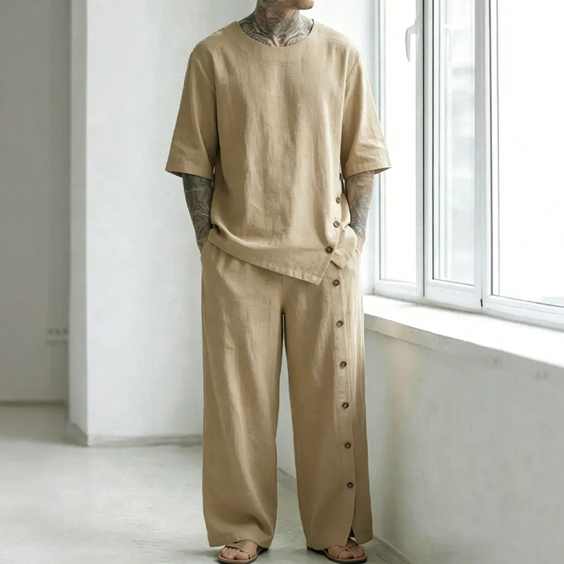 Men's Casual Linen Shirt & Pants 2-Piece Set
