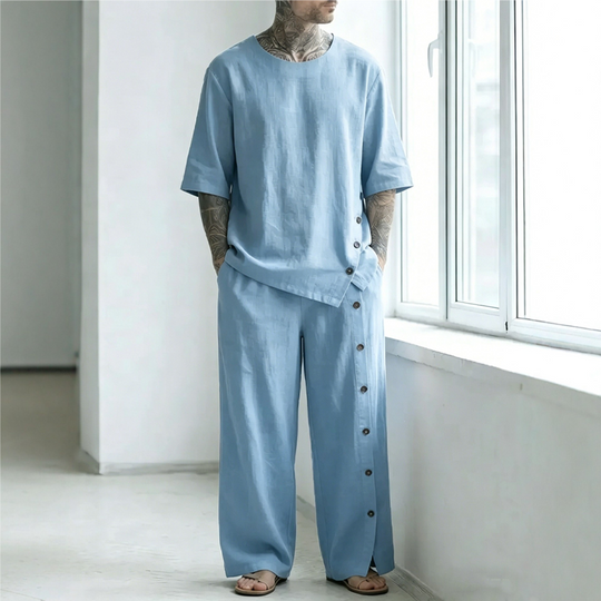 Men's Casual Linen Shirt & Pants 2-Piece Set