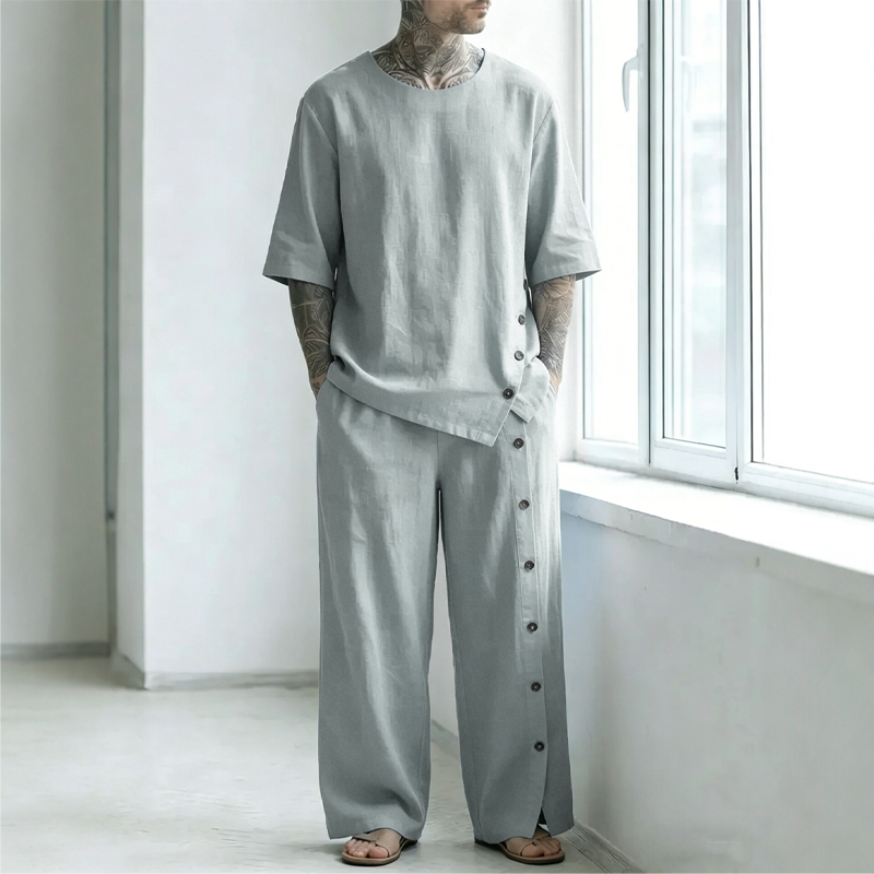 Men's Casual Linen Shirt & Pants 2-Piece Set